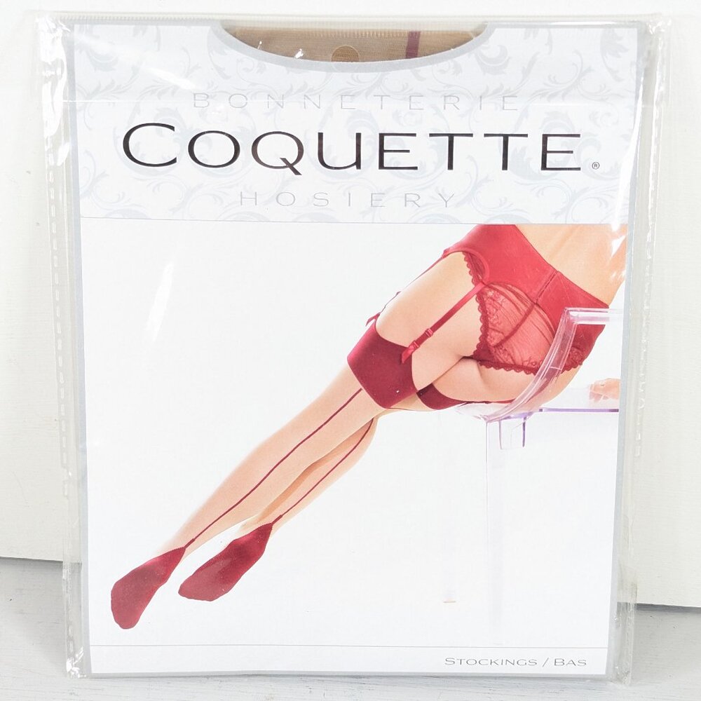 1 pair Coquette Beige Thigh High Stockings with Merlot Red Heel + Backseam #1909